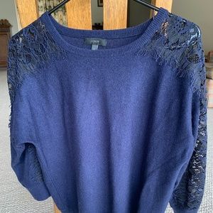 NWOT J Crew XS Wool Blend Navy Blue Sweater with Black Lace